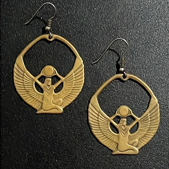 Vintage Art Deco Gold Brass Egyptian Goddess Eye Of Isis Deity Earrings - Picture 6 of 13